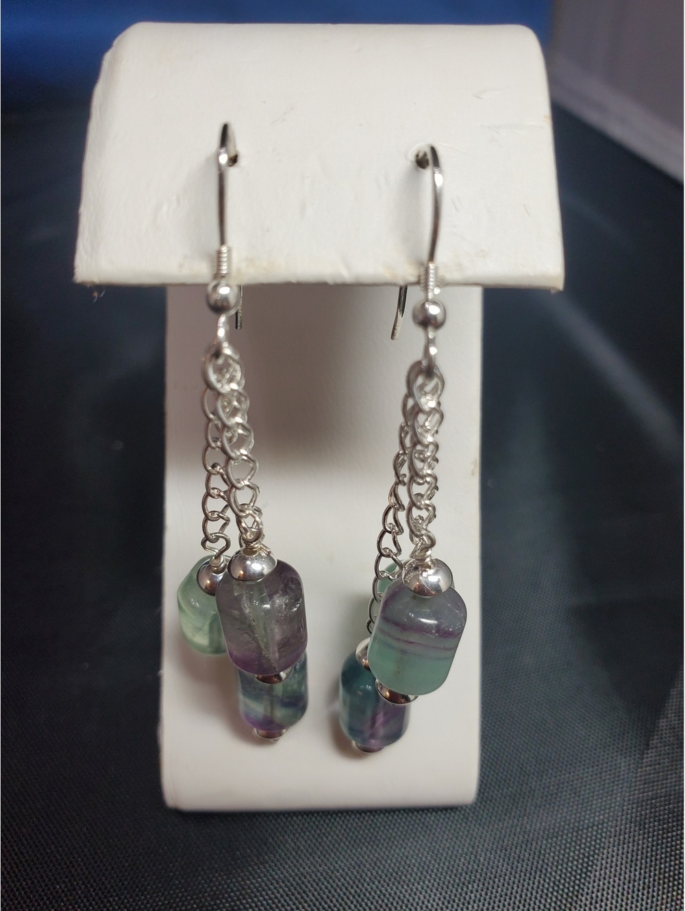 Rainbow Fluorite Dangle Earrings 925 Sterling Silver Handmade Chain Drop